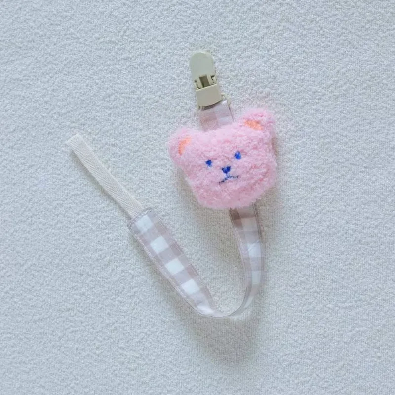 Baumwoll-Gingham-Schnullerclip mit plüschigem Bärenapplikation und Schnellverschluss-Sicherheitsclip