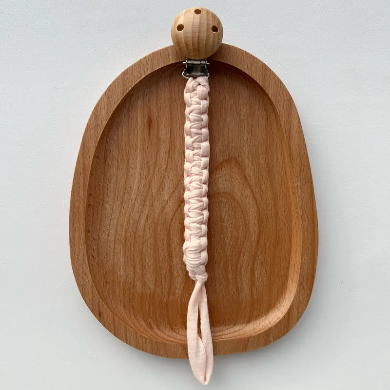 Geflochtener Baumwoll-Schnullerclip mit Holz-Sicherheitsclip