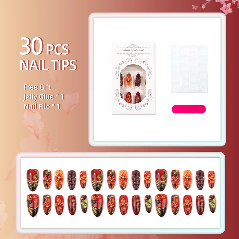 Floral-Beschmückte Press-On Nagelkunst Set