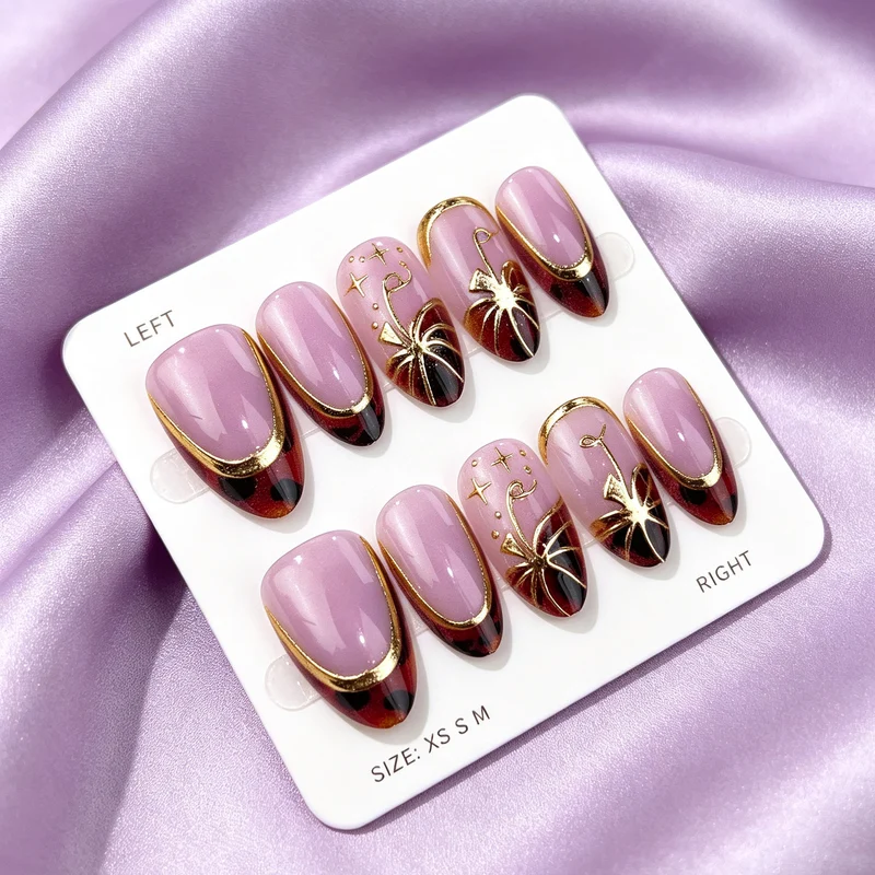Elegantes Press-On-Nagelset mit hochwertigen Goldakzenten