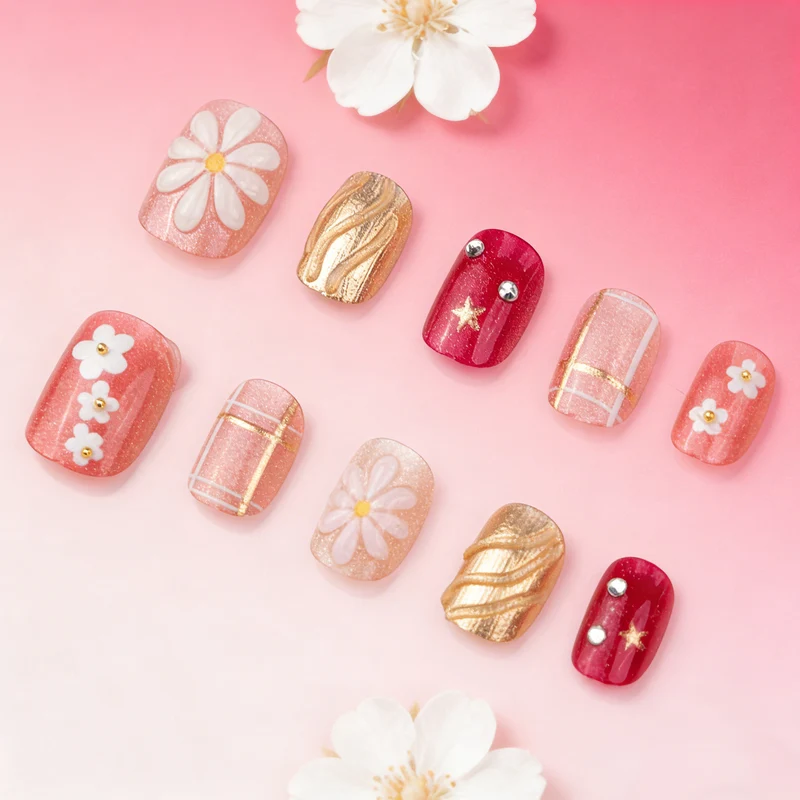 Elegantes, blumenmotiviertes Press-On-Nagelset