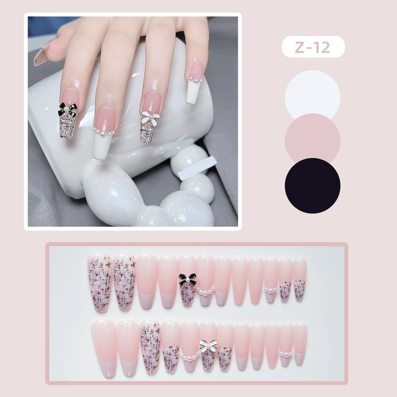 Elegante Press-On Nagelkunst mit dekorativen Schleifenakzenten
