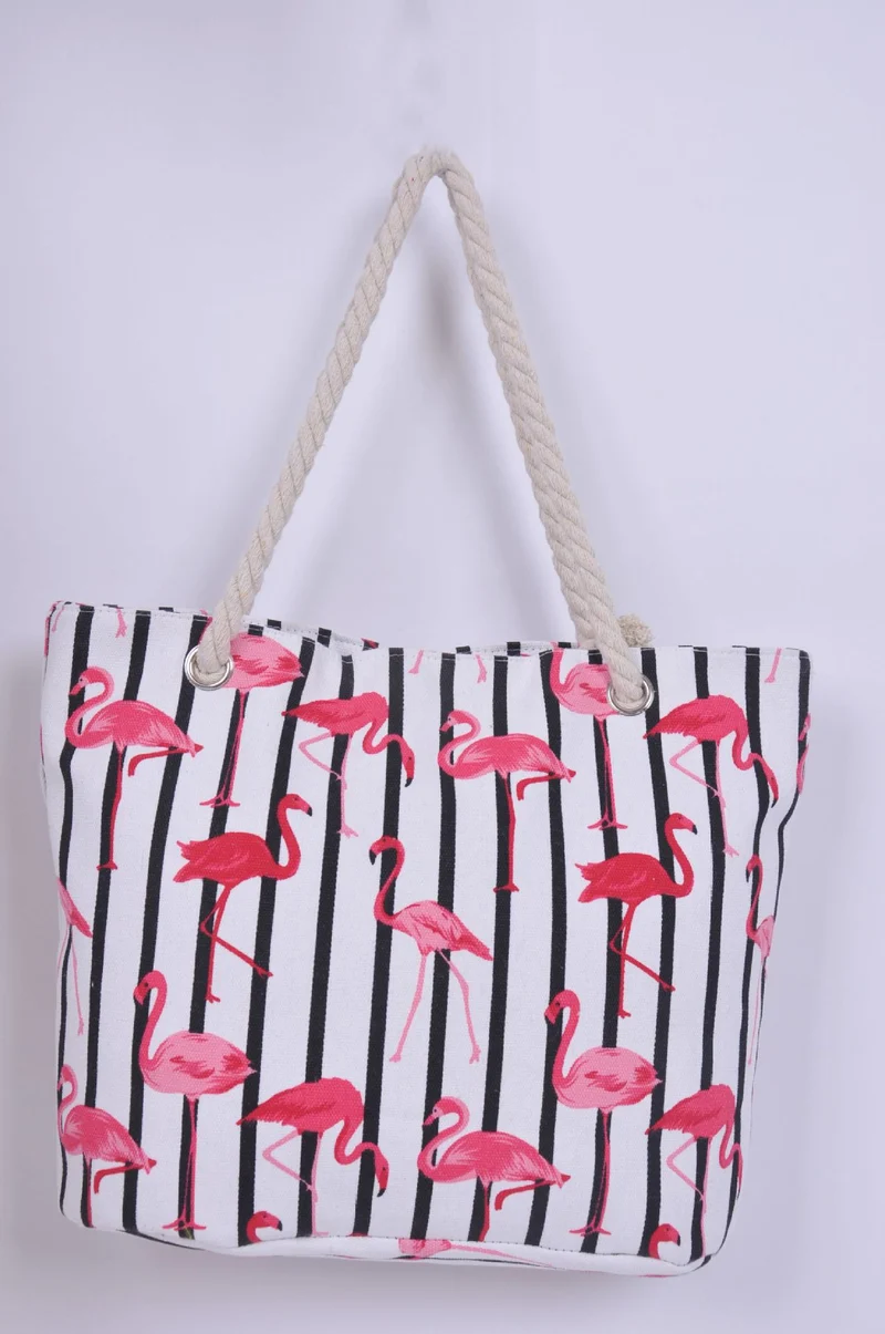 Strandtasche mit Flamingo-Muster und robusten Seilgriffen Skanto