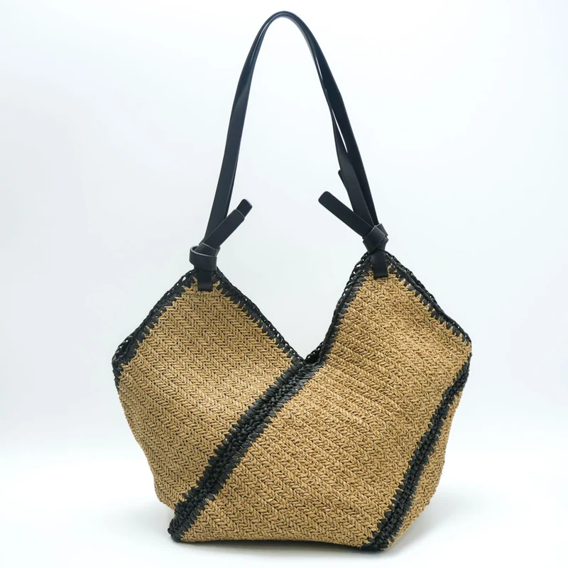 Moderne Strandtasche aus gewebtem Naturmaterial mit Ledergriffen Skanto