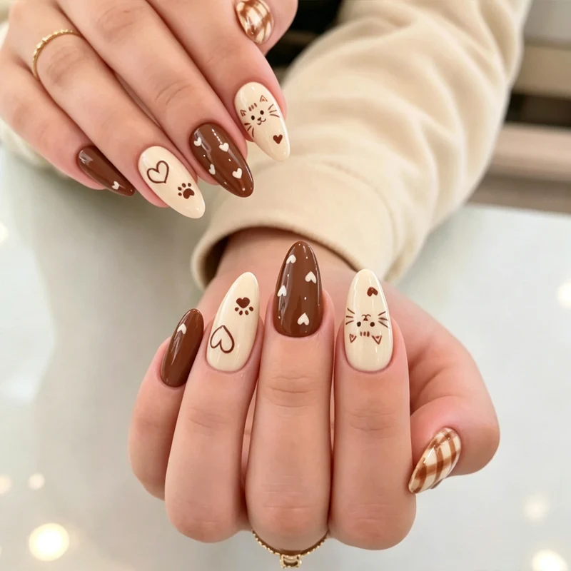 Künstlerisches katzenmotiviertes Press-On Nagelset Brehn