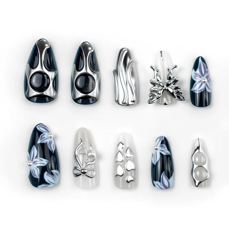 Geometrisches Metall Press-On Nagelkunst Set Brehn