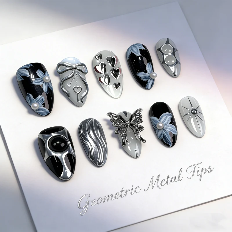 Geometrisches Metall Press-On Nagelkunst Set Brehn
