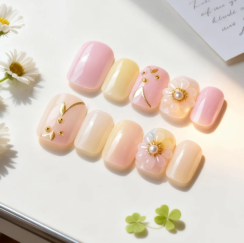 Blumenmuster Press-On Nagelkunstset mit Perlenverzierungen Brehn