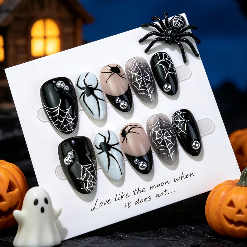 Halloween-Themen Press-On Nail Set mit Spinnen- und Netzdesign Brehn