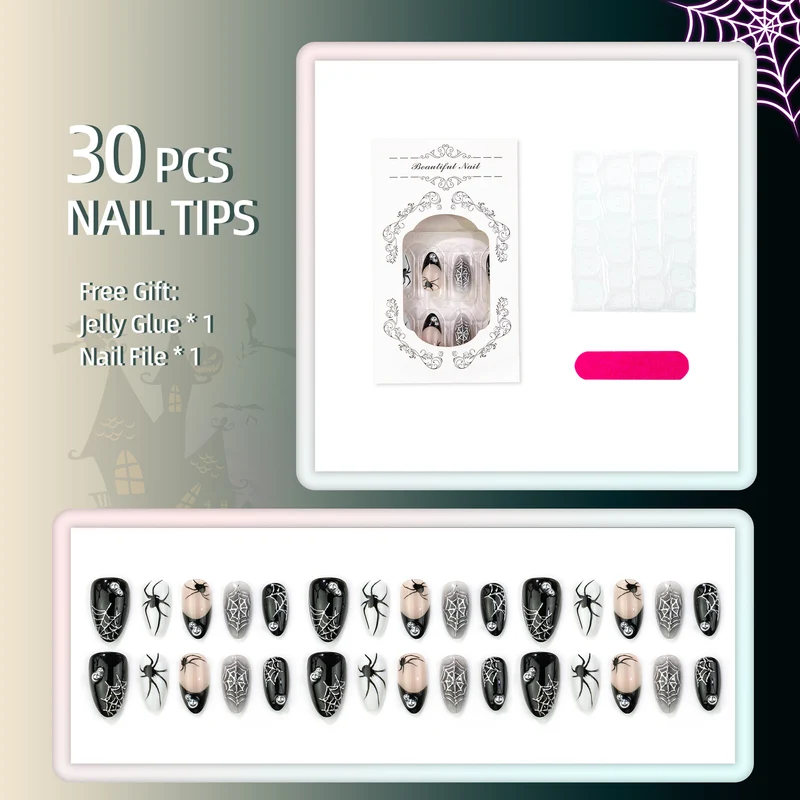 Halloween-Themen Press-On Nail Set mit Spinnen- und Netzdesign Brehn