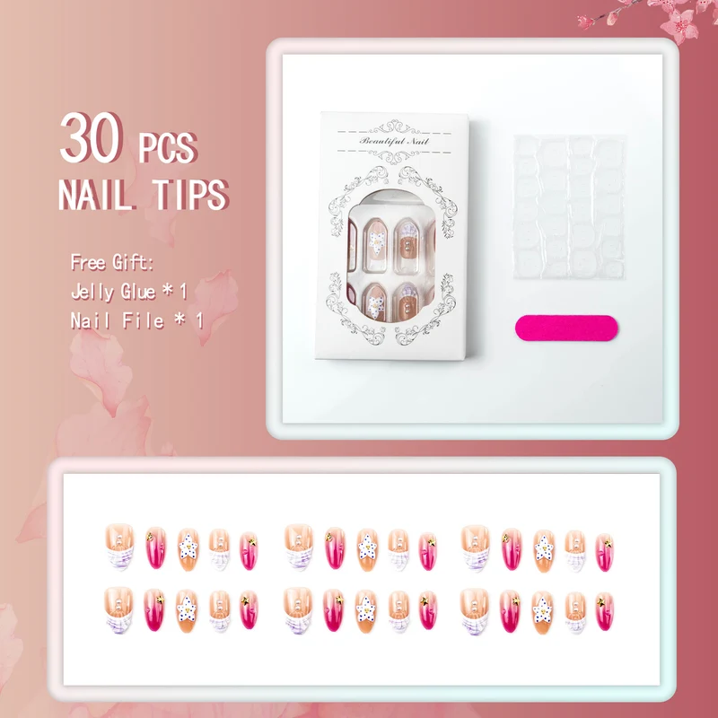 Künstlerisches Press-On Nagelset mit floralen und Perlenakzenten