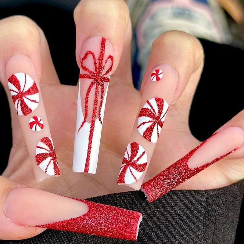 Festliche Zuckerstangen-Press-On-Nagelkunst Brehn