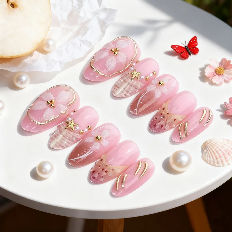 Elegantes, mit Blumen verziertes Press-On-Nagelset Brehn