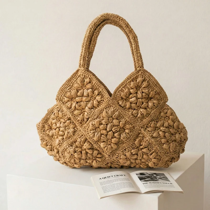 Handgefertigte Makramee-Crossover-Tasche mit verspieltem Blumenmuster Skanto