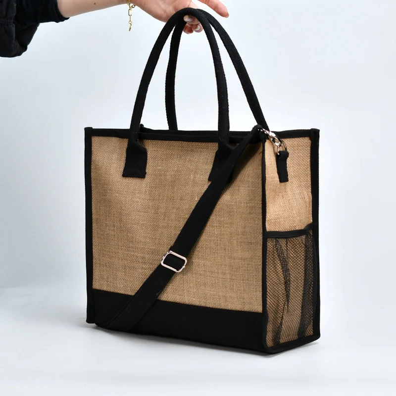 Geräumige Tragetasche aus robuster Jute mit seitlichen Netztaschen Skanto