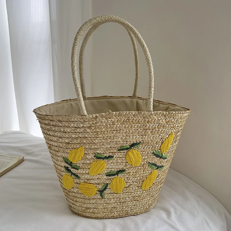 Handgemachte Strohtasche mit buntem Zitronenmotiv Skanto