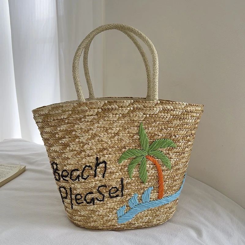 Handgemachte Strohtasche mit buntem Zitronenmotiv Skanto