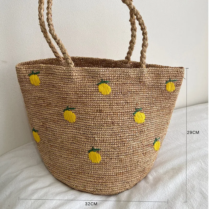 Handgemachte Strohtasche mit buntem Zitronen-Design Skanto