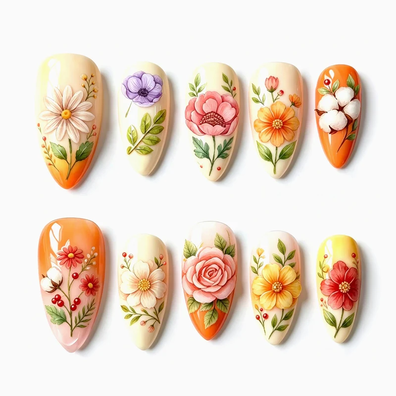 Künstlerische florale Press-On Nägel 1790738521