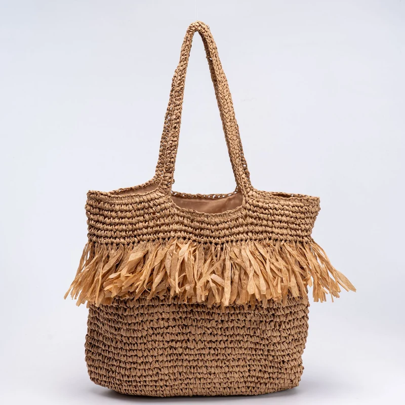 Elegante Strohtasche mit Fransen-Details Skanto