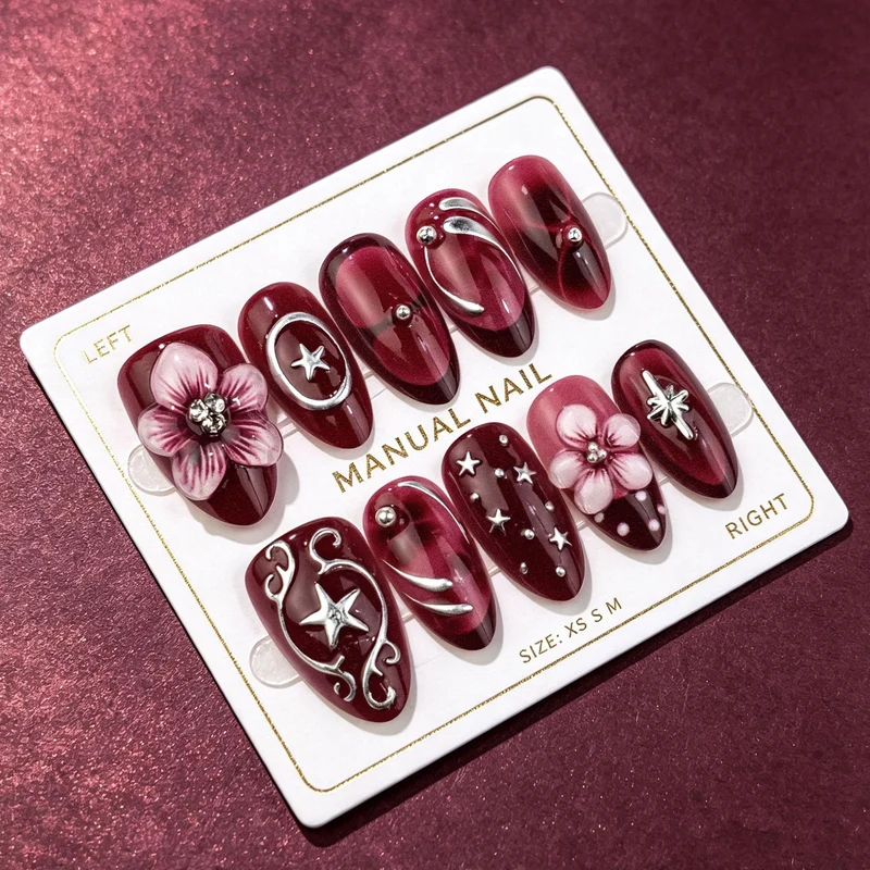Künstlerisches Blumendruck-Press-On-Nagelkunstset