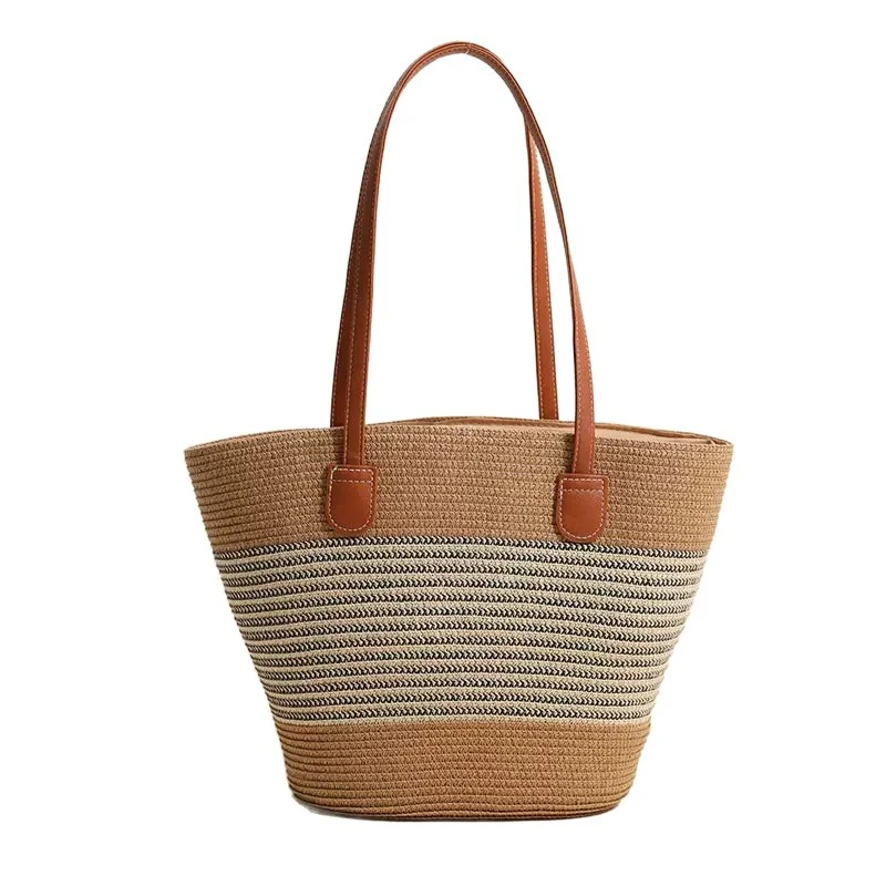 Elegante Strohtasche mit strukturierten Ledergriffen Skanto