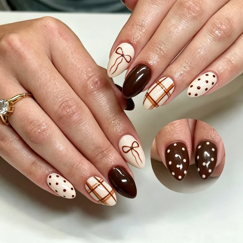 Dekoratives Press-On Nagelkunstset mit Schleifen- und Punkte-Designs Brehn