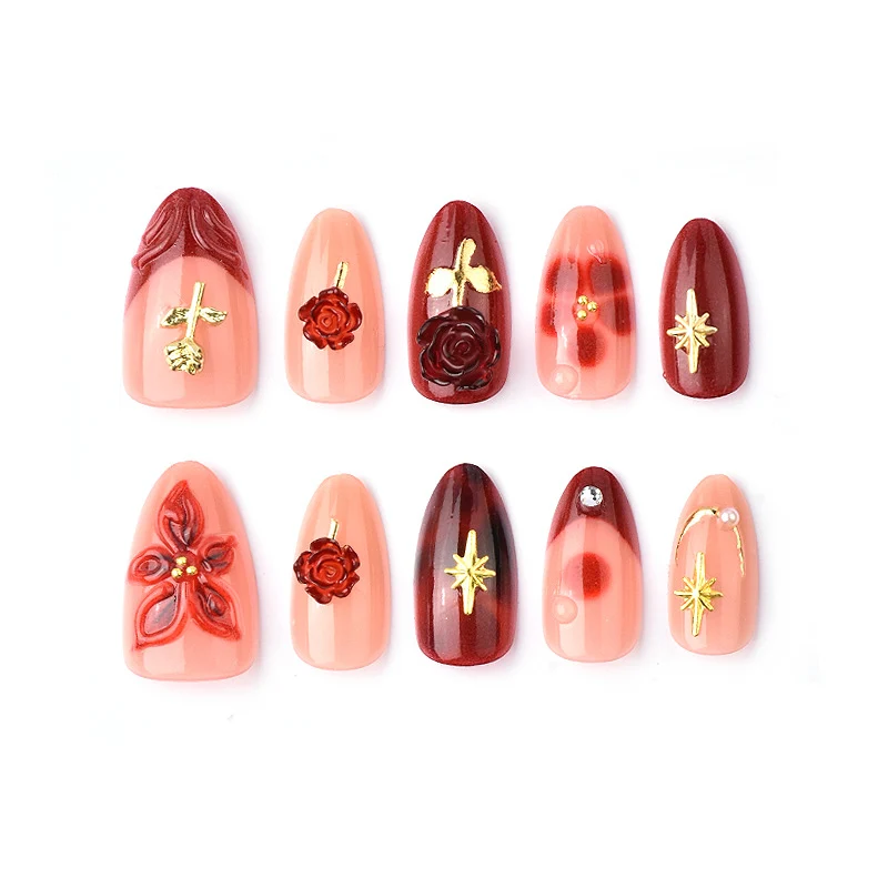Künstlerisches Blumen- und mit Edelsteinen verziertes Press-On-Nagelset