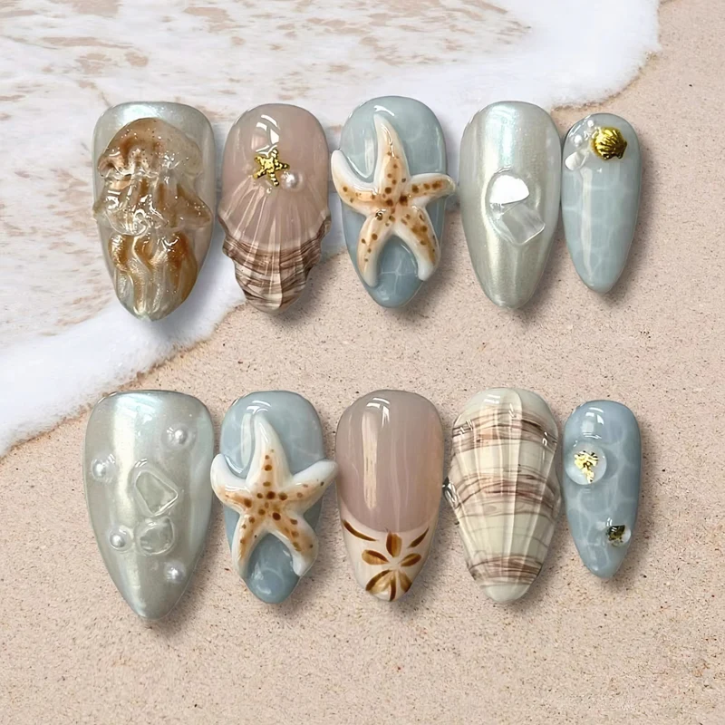 Küsten-inspiriertes dekoratives Press-On-Nagelkunst-Set Brehn