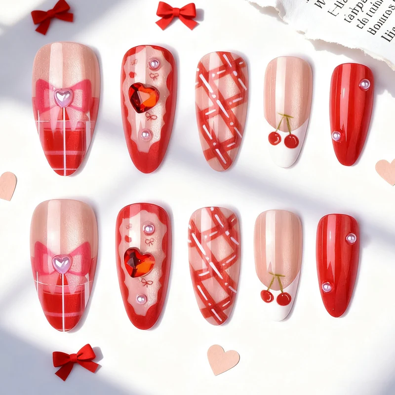 Kirsch-inspirierte dekorative Press-on-Nagelkunst Brehn