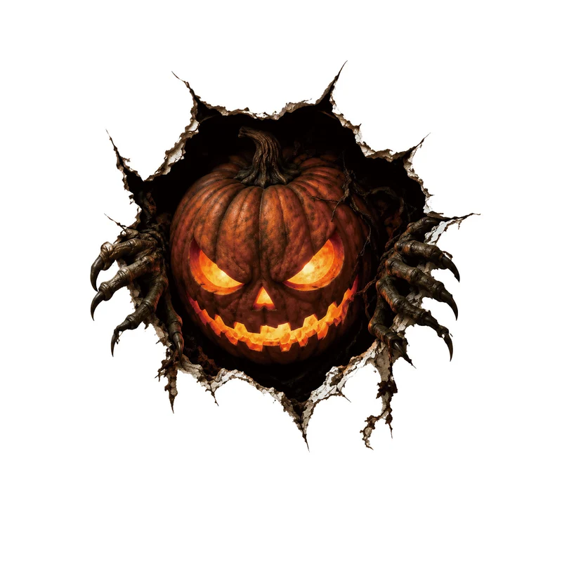Realistisches 3D Wandtattoo Halloween‑Hexe mit durchbrechender Wand und Süßigkeiten
