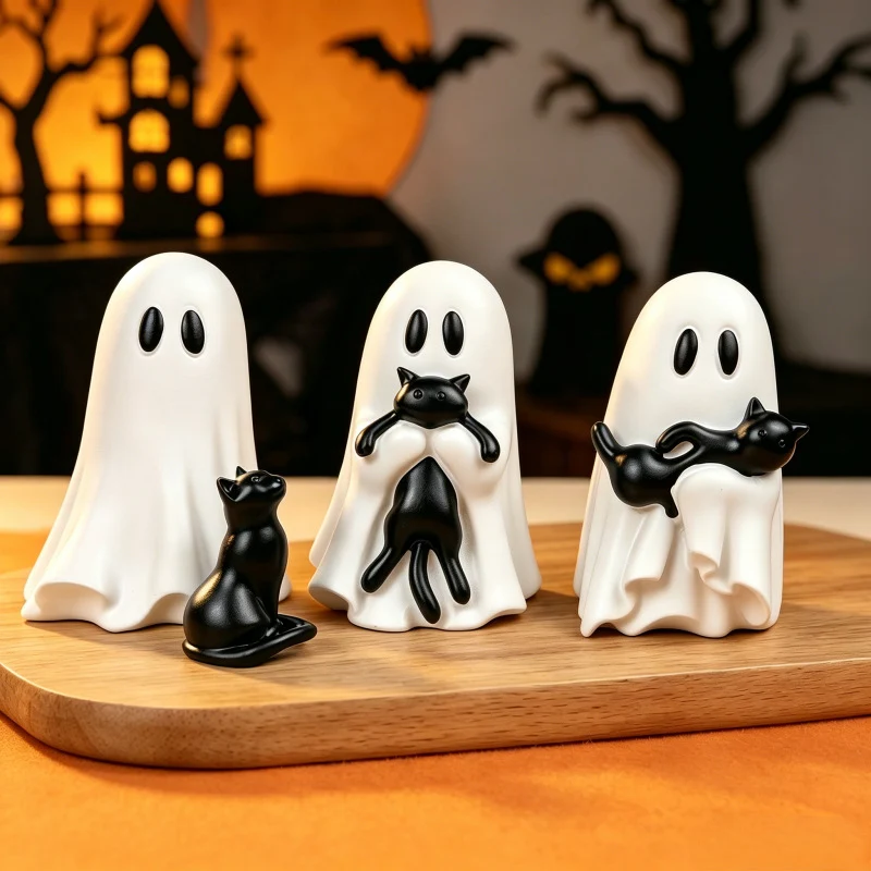 Skulpturale Dekofigur Geist mit Katzenrelief für Regal und Sideboard
