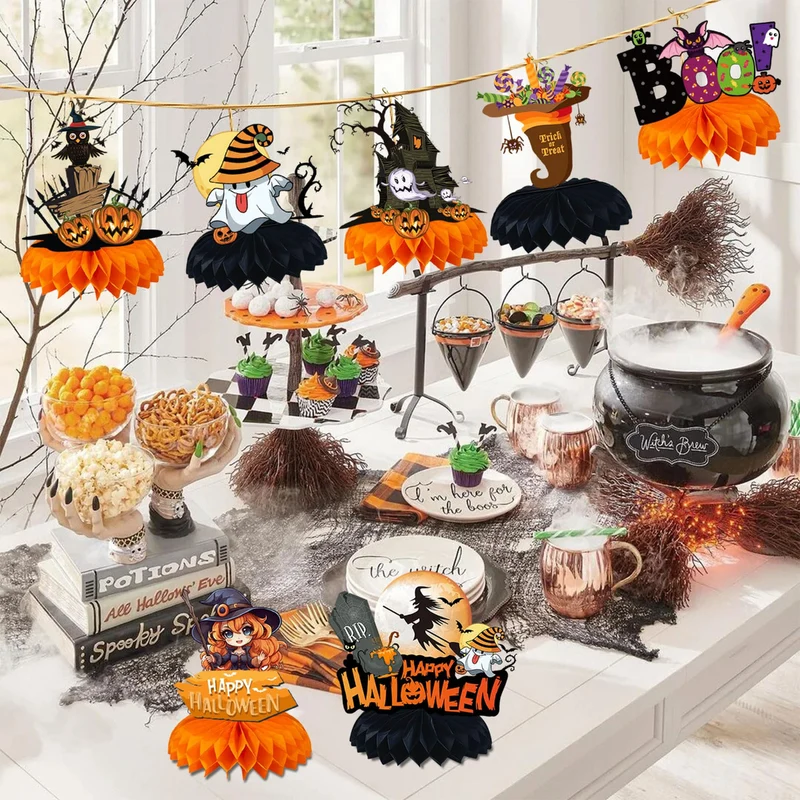 Papier-Halloween Tischdekoration mit dreidimensionalen Wabenmittelstücken