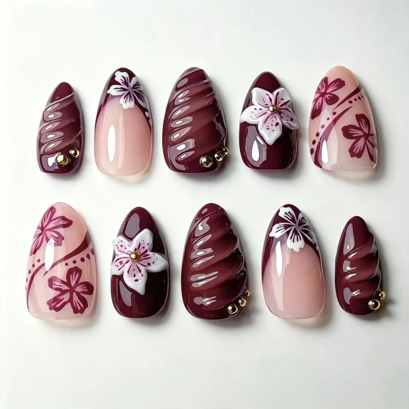 Künstlerisches Press-On Nagelkunst Set mit blumigen und glänzenden Designs Brehn
