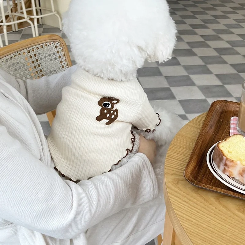Rippstrick Baumwolle Haustier Pullover Sweater mit Rehstickerei & Rüschensaum