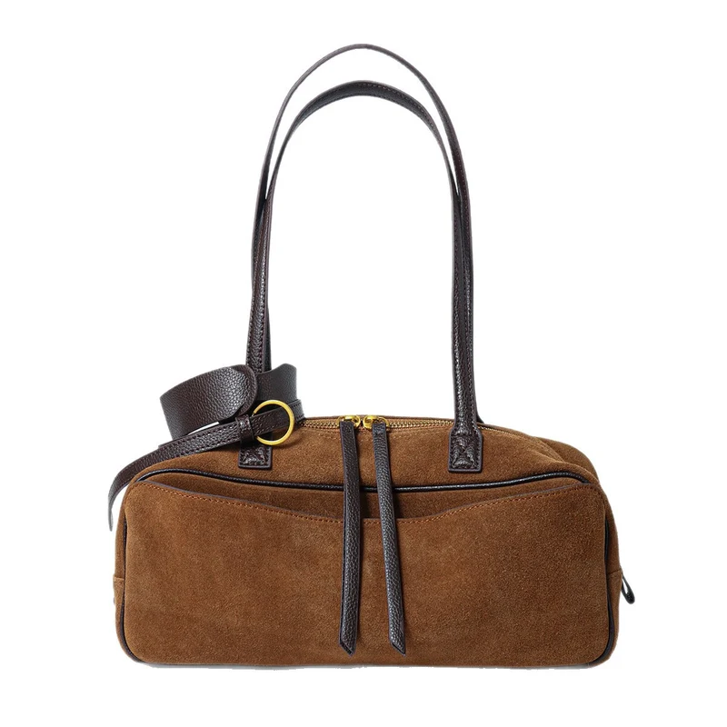 Wildleder Fass Schultertasche mit Oberreißverschluss, vorderer Einschubtasche & Lederbesatz
