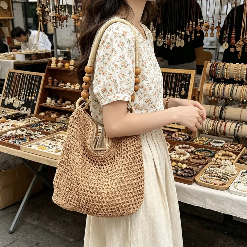 Handgeknüpfte Makramee-Tasche mit Holzgriff Skanto