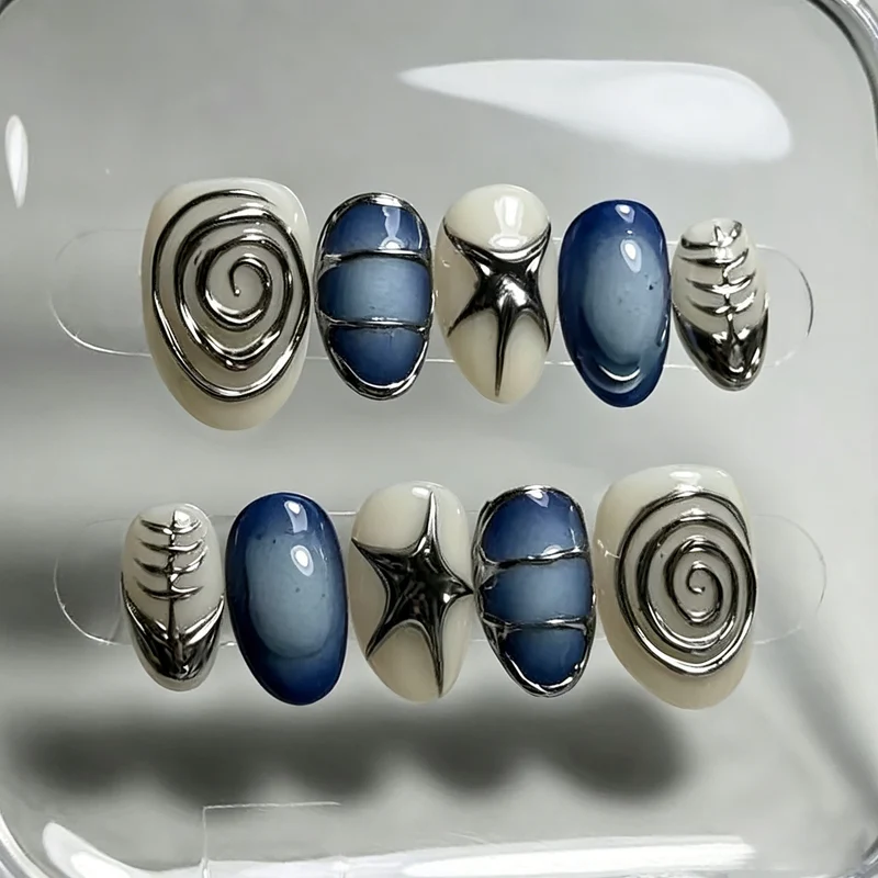 Künstlerisches Jeansmuster Press-On Nagelkunstset Brehn