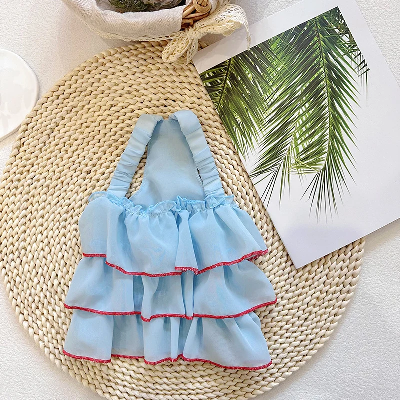 Schichtige Chiffon Rüschenträger-Hundekleid mit elastischem Rücken und Kontrastbesatz