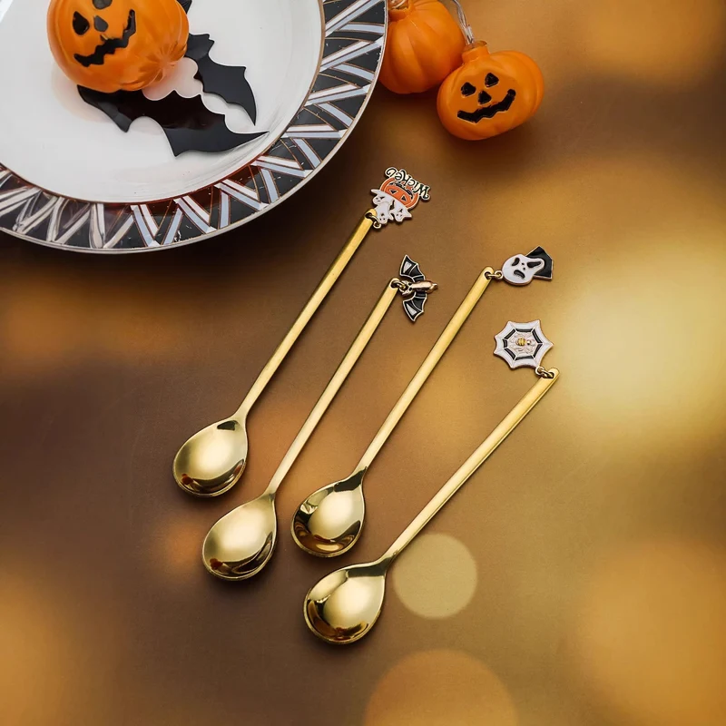 Langer Bar‑Löffel Cocktail‑Rührlöffel aus Edelstahl mit Halloween‑Geistmotiv