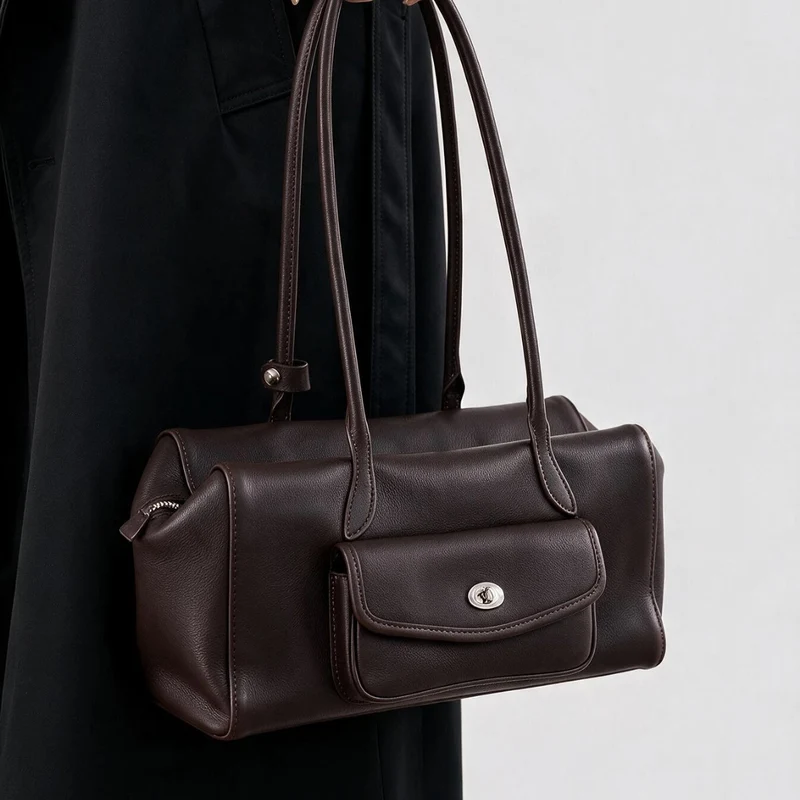 Strukturierte Barrel-Tote mit Front-Drehverschluss-Tasche und doppelten Schulterriemen