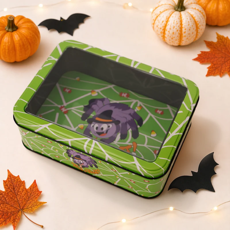 Halloween-Metallbox mit Sichtfenster und Hexenmotiv