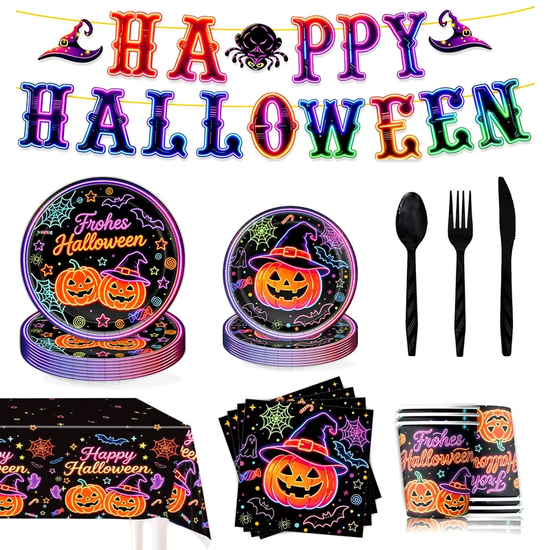 Komplettes Halloween-Party-Tischdekor-Set mit Neon-Kürbisdesign Einweggeschirr und Girlande