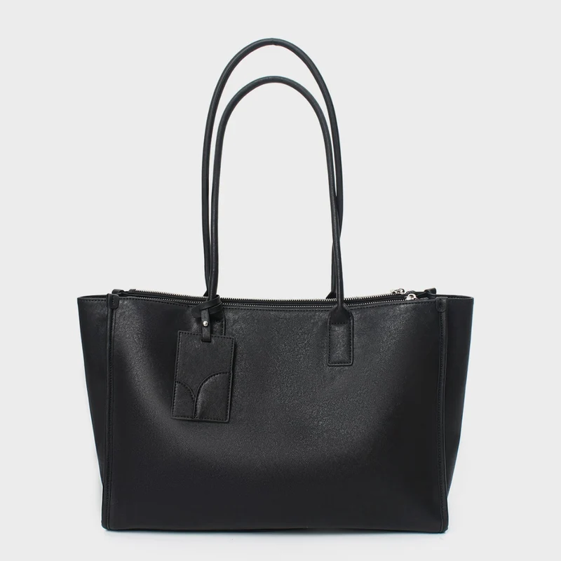 Glattes veganes Leder strukturiert Top-Zip Tote mit doppelten gerollten Griffen und Gepäckanhänger