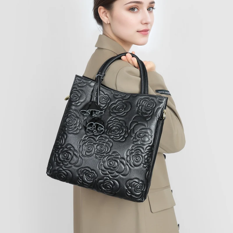 Prägte Blumen-Leder-Tote-Bag mit abnehmbarem Riemen