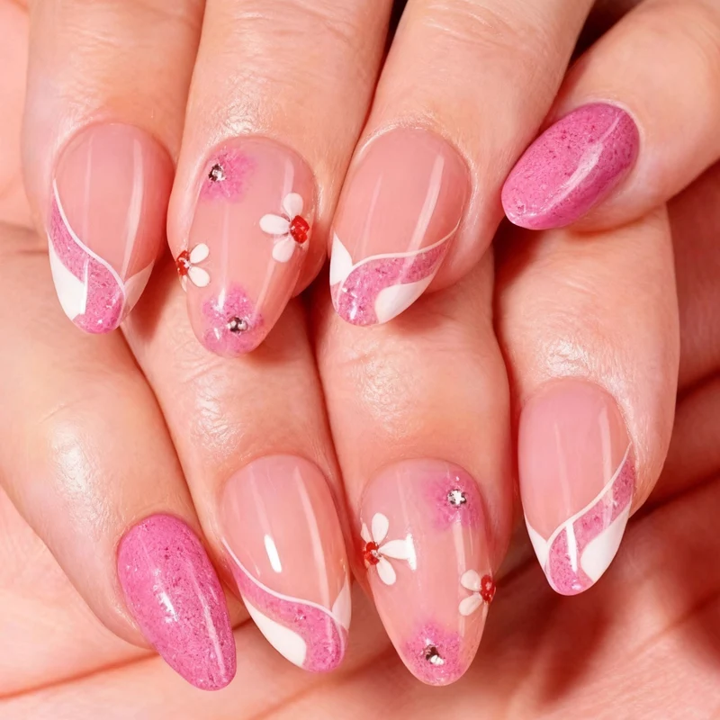 Künstlerisches, mit Blumen verziertes Press-On Nagelset Brehn
