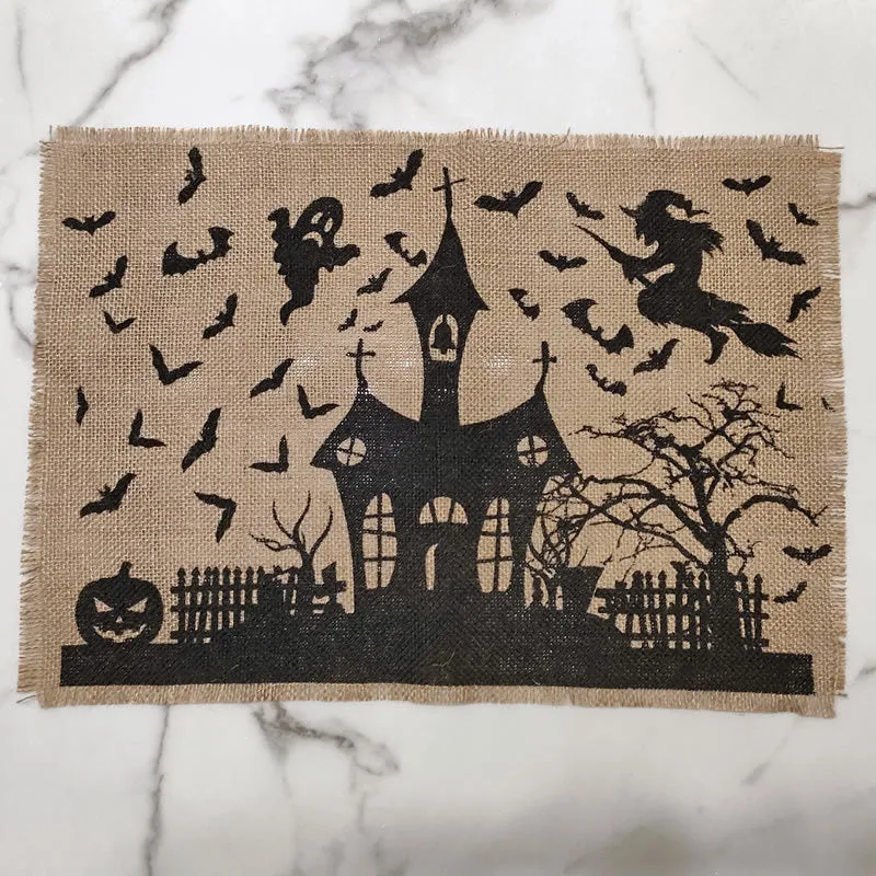 Jute-Tischläufer Halloween Spukhaus-Print mit Fransenrand