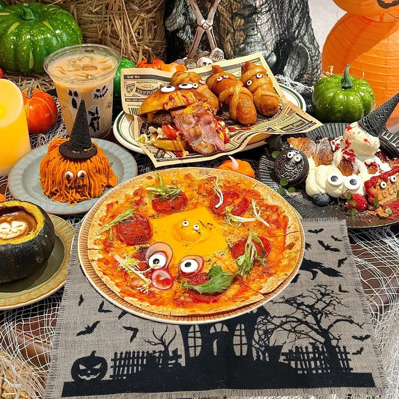 Jute-Tischläufer Halloween Spukhaus-Print mit Fransenrand