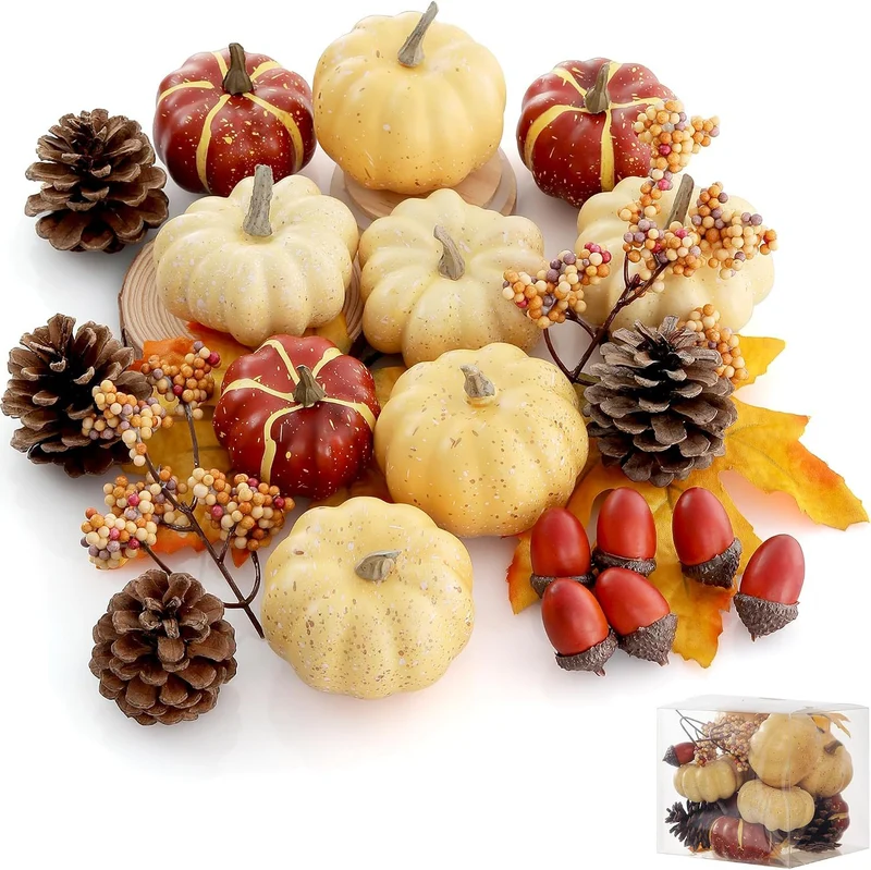 Herbstliches Deko-Set aus realistischen Kunstkürbissen, Zapfen, Eicheln und Ahornblättern