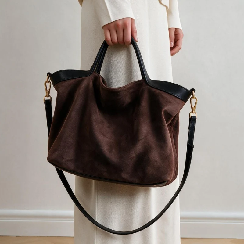 Wildleder Slouch Shopper Tote mit Kontrastlederbesatz und abnehmbarem Crossbody-Tragegurt